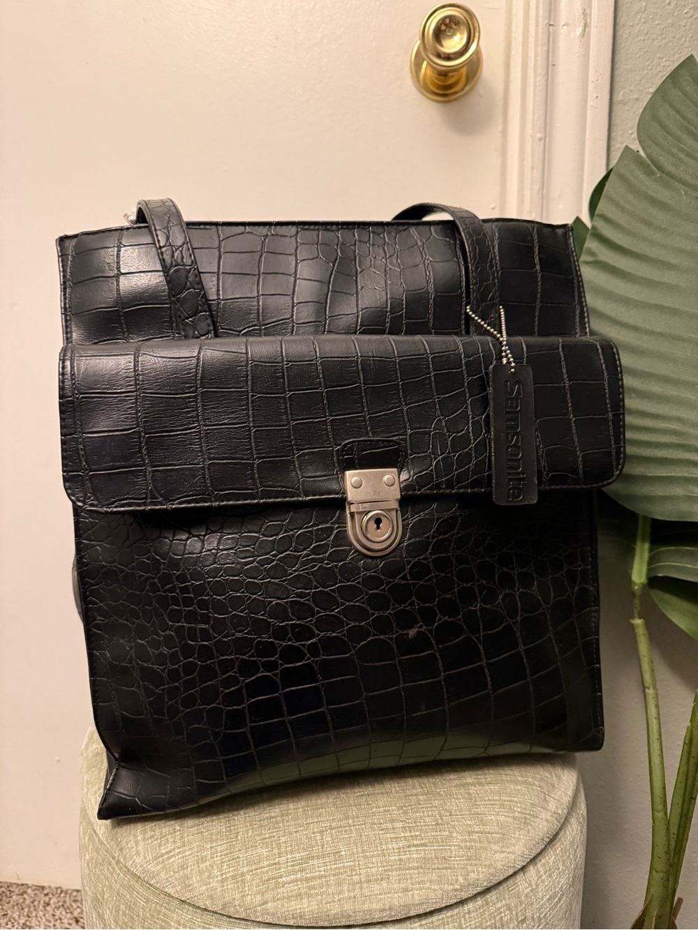 VINTAGE Samsonite Black Croc-Embossed Laptop Business Tote Shoulder Bag